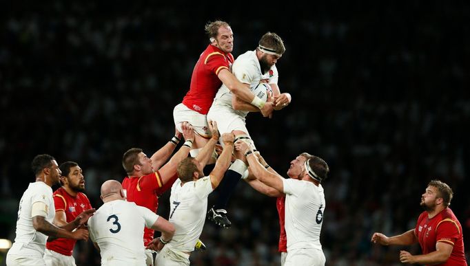 Alun Wyn Jones of Wales and Geoff Parling of England jump in a line out