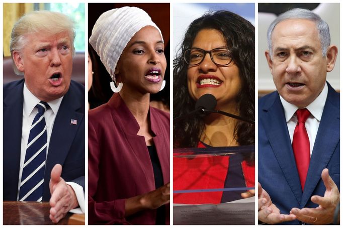 Donald Trump, Ilhan Omarová, Rashida Tlaibová a Benjamin Netanjahu.