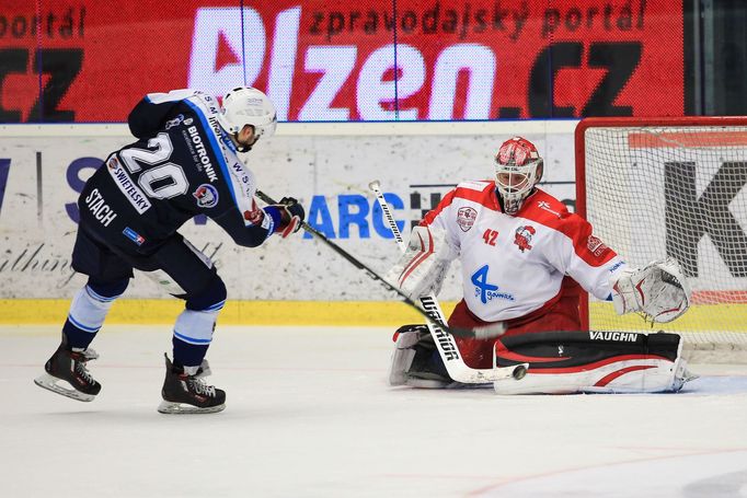 2. čtvrtfinále play-off 2018, Plzeň - Olomouc: David Stach neproměnil trestné střílení proti Branislavu Konrádovi