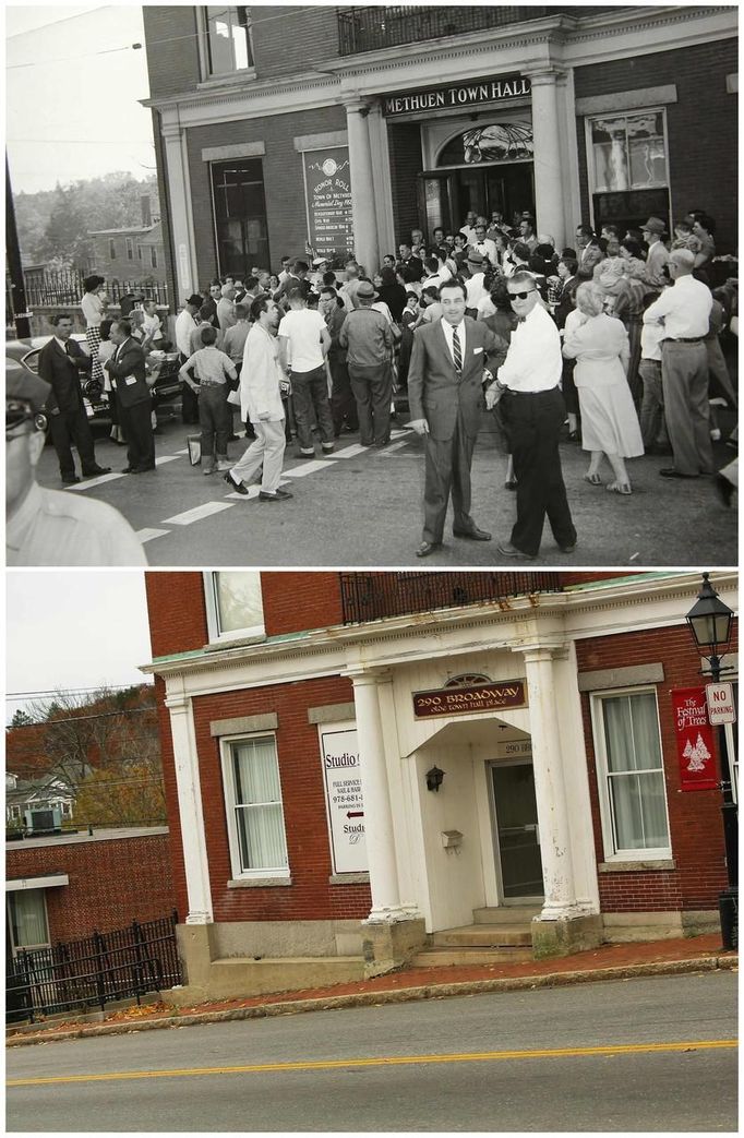 A combination photo shows then United States Senator John F. Kennedy surrounded by people (top) outside the Town Hall in Methuen, Massachusetts in 1958 and the old Town Hall building now occupied by small businesses (tottom) on November 9, 2013. The 50th anniversary of the assassination of former President Kennedy will be commemorated on November 22, 2013.