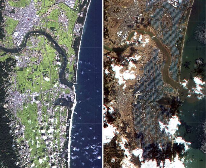 Pobřeží Japonska 5. září 2010 a 12. března 2011. Satelitní snímky německého Střediska pro letectví a kosmonautiku.