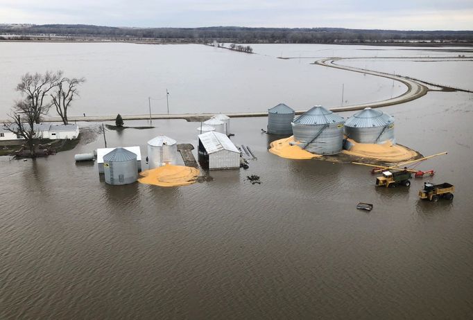 Povodně ve státě Iowa v USA. Snímek zobrazuje sýpky, ze kterých se vyplavilo nashromážděné obilí.