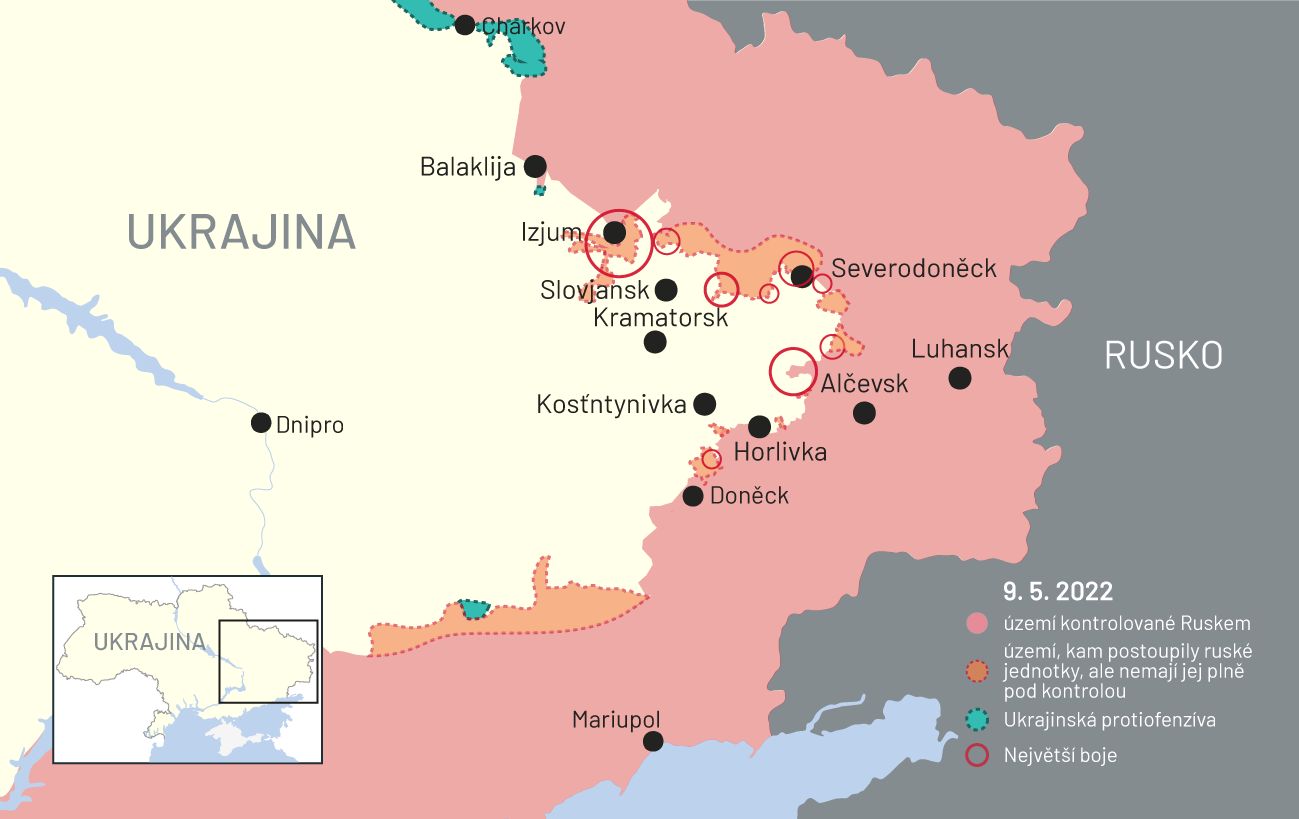 9. květen 2022: Mapa bojů na Ukrajině