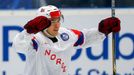 Norway's Mattias Norstebo celebrates his goal during their ice hockey World Championship game against Slovakia at the CEZ Arena in Ostrava, Czech Republic, May 6, 2015. R