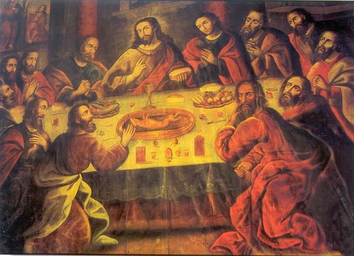 Poslední večeře - Marcos Zapata, 1753, https://www.wikiart.org, Public domain Ježíš večeřící během Poslední večeře morče