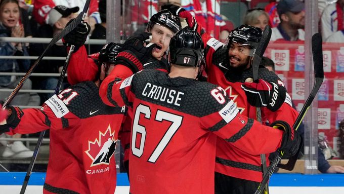 Kanaďané slaví gól v zápase Česko - Kanada na MS 2023