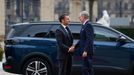 Czech Republic's Prime Minister Petr Fiala welcomes French President Emmanuel Macron at the government headquarters in Prague, Czech Republic, March 5, 2024. REUTERS/Davi