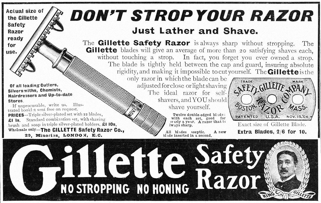 Jednorázové užití / Fotogalerie / Gillette / Před 120 lety požádal americký vynálezce King Camp Gillette o první patent na holicí strojek s vyměnitelnými čepelkami.