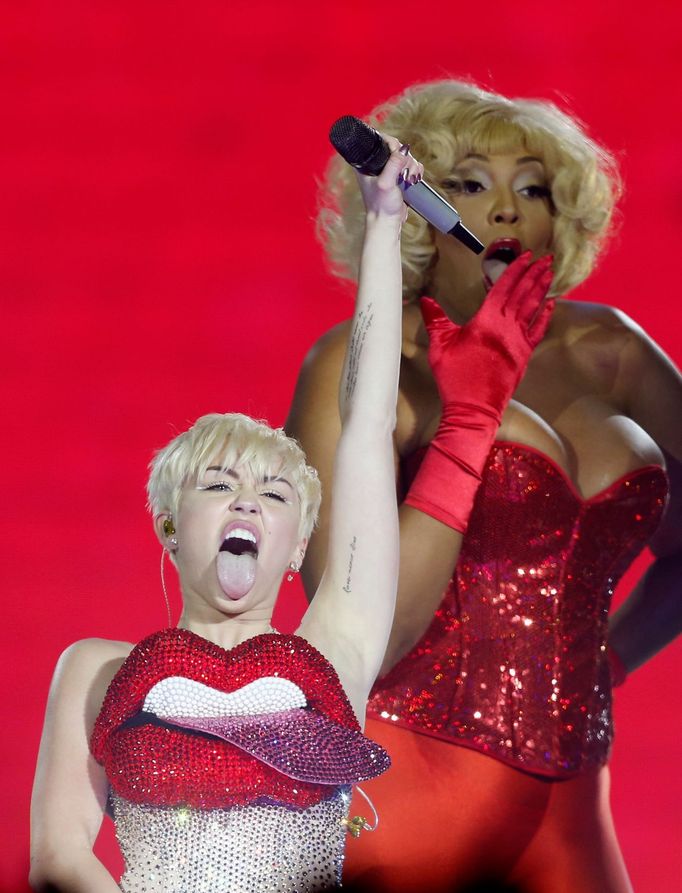 U.S. singer Miley Cyrus performs at the O2 Arena in central London