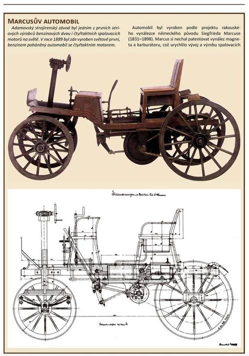 Strojírenství a průmysl v Adamově vzkvétalo už za Rakouska-Uherska. V roce 1889 zde byl vyroben první Marcusův automobil, tedy první auto se spalovacím motorem v Habsburské monarchii. | Foto: Město Adamov / Reprofoto z knihy Adamov - 50. let, kterou město Adamov vydalo v roce 2014.