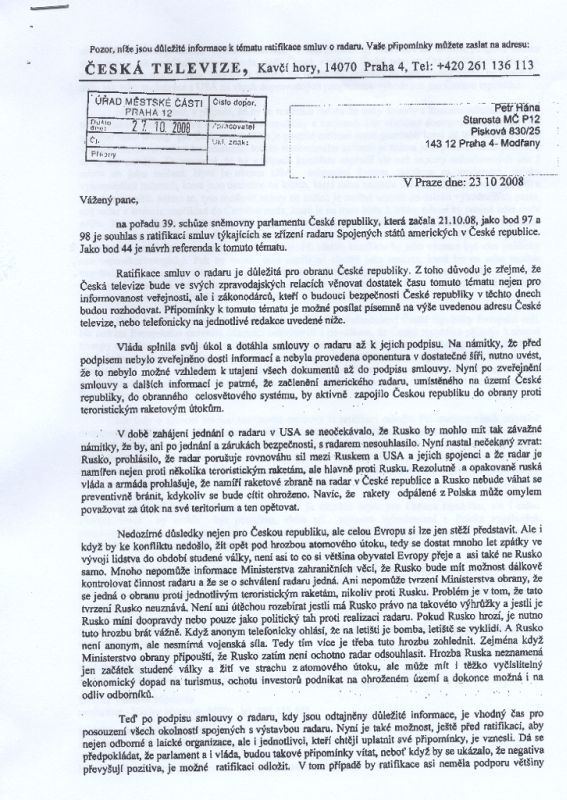První strana strana dopisu, který dostali poslanci. ČT tvrdí, že jde o podvrh