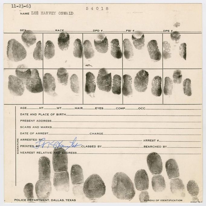 The fingerprint record card for Kennedy assassination suspect Lee Harvey Oswald, kept in the Dallas Police Department's John F. Kennedy collection, is seen from November 23, 1963.