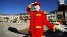 One of hundreds of Lego figures is seen by a pool as construction continues in North America's first ever Lego Hotel currently being built at Legoland in Carlsbad, California, January 17, 2013. The three-story, 250-room hotel will open on April 5. REUTERS/Mike Blake (UNITED STATES - Tags: SOCIETY TRAVEL) Published: Led. 17, 2013, 10:15 odp.