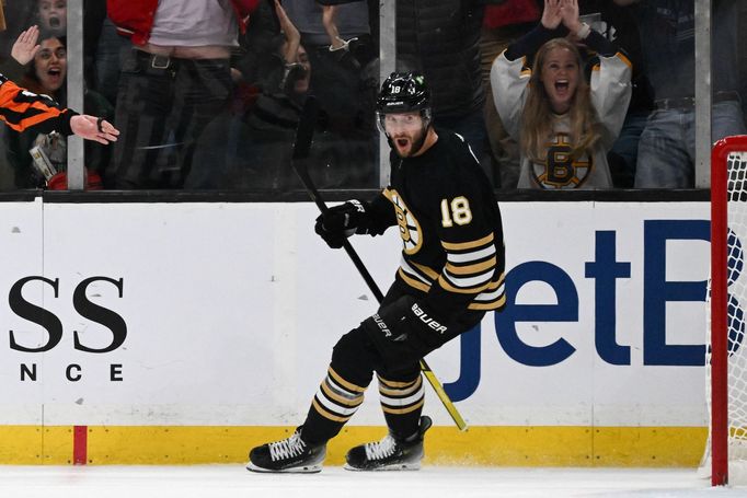 Pavel Zacha slaví vítězný gól Bostonu v utkání s Floridou