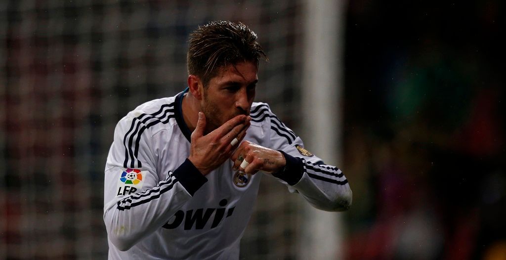 Sergio Ramos slaví gól Realu Madrid proti Vallecanu