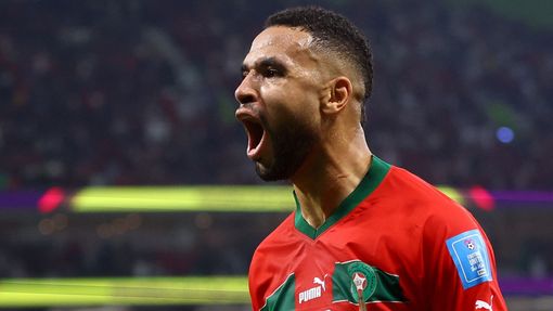 Júsuf Nasjrí slaví gól ve čtvrtfinále MS 2022 Maroko - Portugalsko