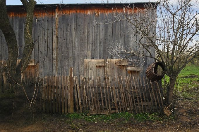 Dřevěná kůlna sériového vraha Karla Denkeho v Münsterbergu, Slezsko, kde policie v roce 1924 objevila kontejnery s lidským masem a kostmi. Kolorováno