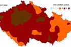 Stav suchých oblastí republiky, jak je zachycuje mapa z 12.7. Čím tmavší barva, tím je riziko sucha větší.