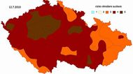 Stav suchých oblastí republiky, jak je zachycuje mapa z 12.7. Čím tmavší barva, tím je riziko sucha větší.