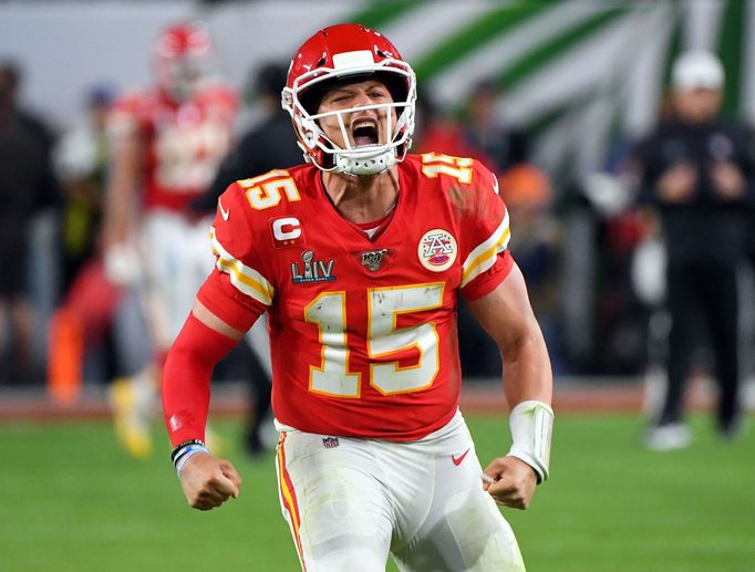 Feb 2, 2020; Miami Gardens, Florida, USA; Kansas City Chiefs quarterback Patrick Mahomes (15) celebrates after a touchdown in the fourth quarter against the San Francisco