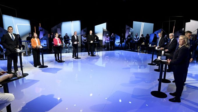 Prezidentští kandidáti na debatě v Helsinkách 25. ledna 2024.