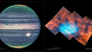 Jeden z nejnovějších snímků teleskopu Jamese Webba zachycuje velkou rudou skvrnu na jižní polokouli Jupitera. Existence největšího a nejdéle trvajícího hurikánu ve sluneční soustavě není novinkou, nová je ale informace, že atmosféra kolem něj je nezvykle aktivní, píše americká stanice CNN. Samotný 190 let trvající vír má větší průměr než průměr Země, je 322 kilometrů vysoký a vítr v něm proudí rychlostí až 450 kilometrů za hodinu.