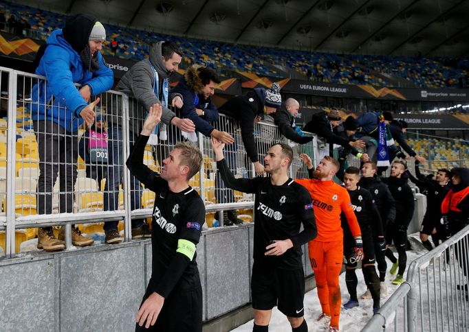 fotbal, Evropská liga 2018/2019, Dynamo Kyjev - Jablonec, radost Jablonce po utkání