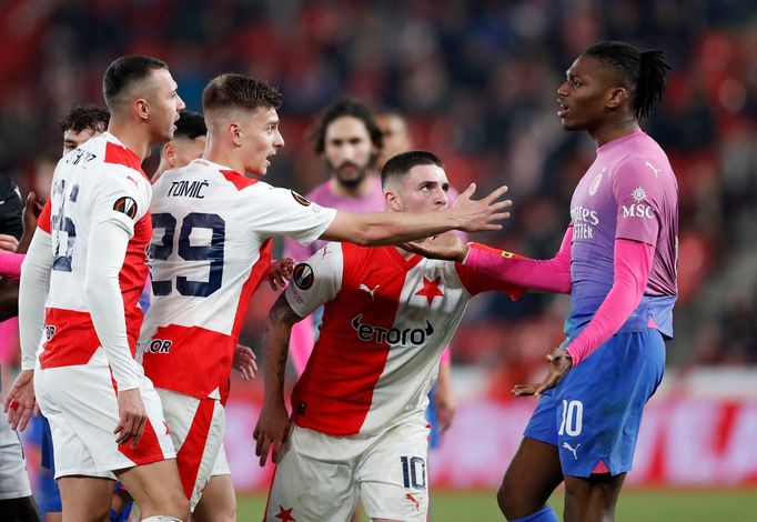 Soccer Football - Europa League - Round of 16 - Second Leg - Slavia Prague v AC Milan - Fortuna Arena, Prague, Czech Republic - March 14, 2024 AC Milan's Rafael Leao remo