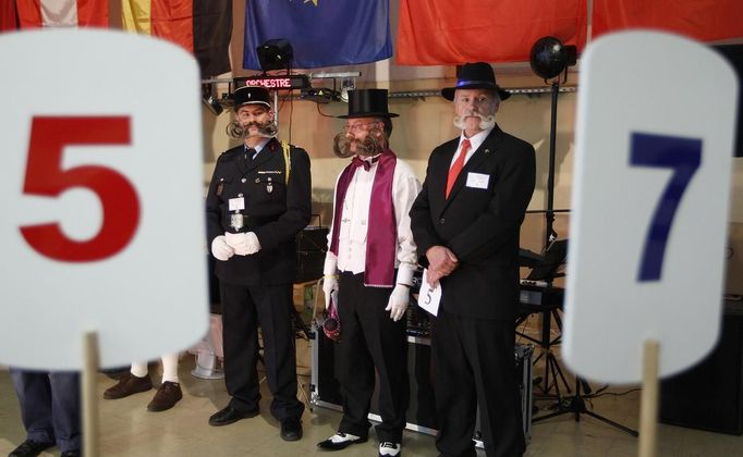 The jury assesses participants as they take part in the 2012 European Beard and Moustache Championships in Wittersdorf near Mulhouse, Eastern France, September 22, 2012. More than a hundred participants competed in the first European Beard and Moustache Championships organized in France. REUTERS/Vincent Kessler (FRANCE - Tags: SOCIETY) Published: Zář. 22, 2012, 7:19 odp.