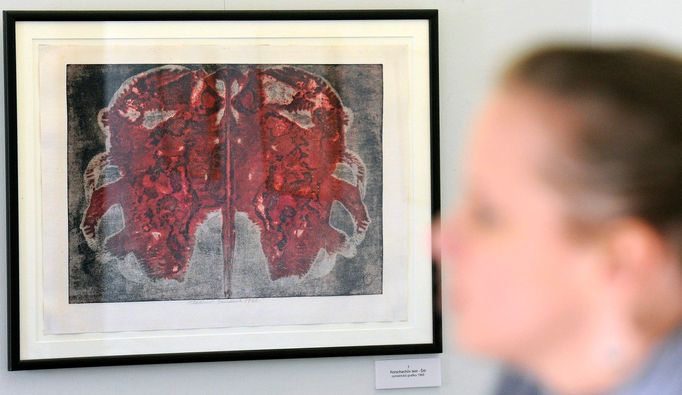 Symetrická grafika Vladimíra Boudníka s názvem Štír (1967), z cyklu Variace na Rorschachovy testy. Na snímku z výstavy v pražské Galerii Moderna.