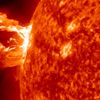 Prominence Eruption Produces M1.7 Class Flare The sun released a M1.7 class flare associated with a prominence eruption on April, 16, 2012. This image was taken by the Solar Dynamics Observatory (SDO) in 304 wavelength. This visually spectacular explosion occurred on the sun's Northeastern limb (left) and was not Earth directed. Credit: NASA/SDO/AIA.