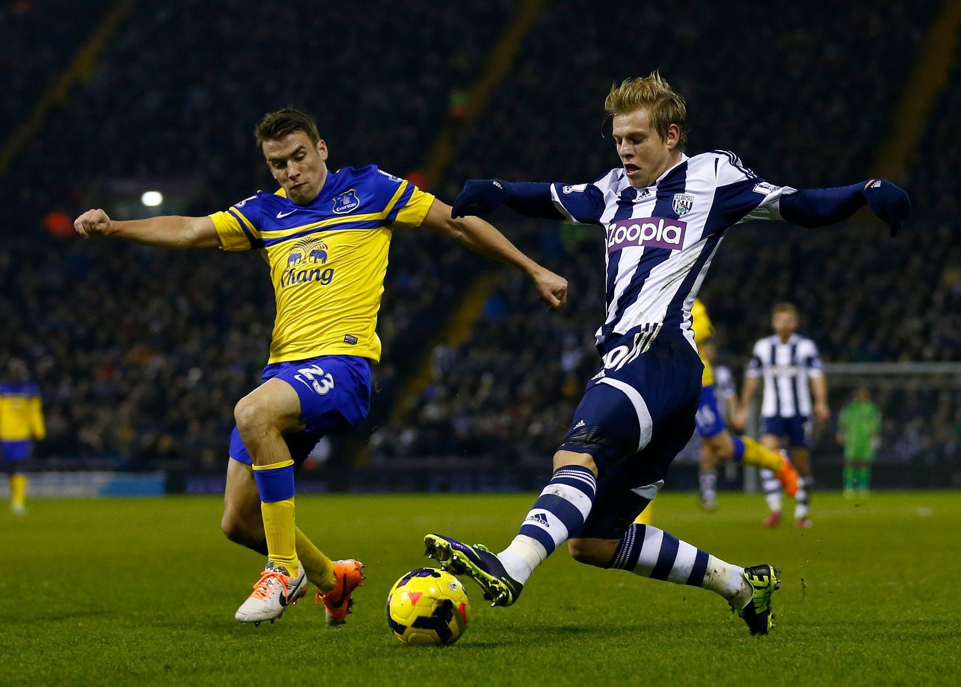 West Bromwich Albion's Matej Vydra challenges Everton's Seamus Coleman during their English Premier League soccer match at The Hawthorns in West Bromwich