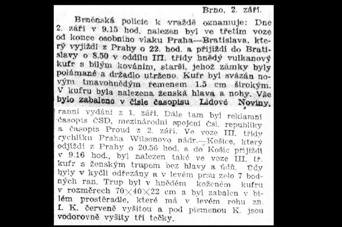 Ukázka dobového prohlášení policie v tisku ze dne 2. 9. 1933, kde se oznamuje nález těla zavražděné ženy.