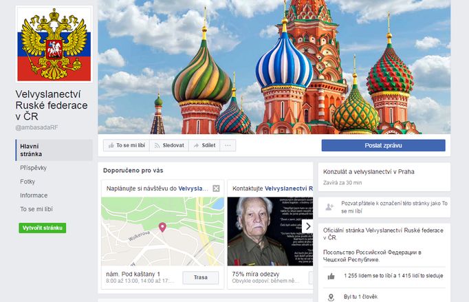 Falešný facebookový profil Velvyslanectví Ruské federace v ČR vypadá na první pohled velmi věrohodně.