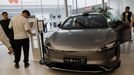 A Luxeed S7 electric sedan, developed by Huawei and Chery Aut, is displayed at Huawei's booth at the Beijing International Automotive Exhibition, or Auto China 2024, in B