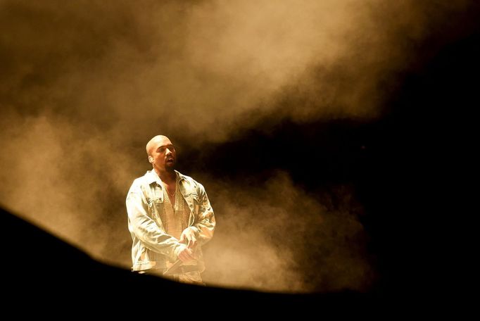 Kanye West performs on the Pyramid stage at Worthy Farm in Somerset during the Glastonbury Festival