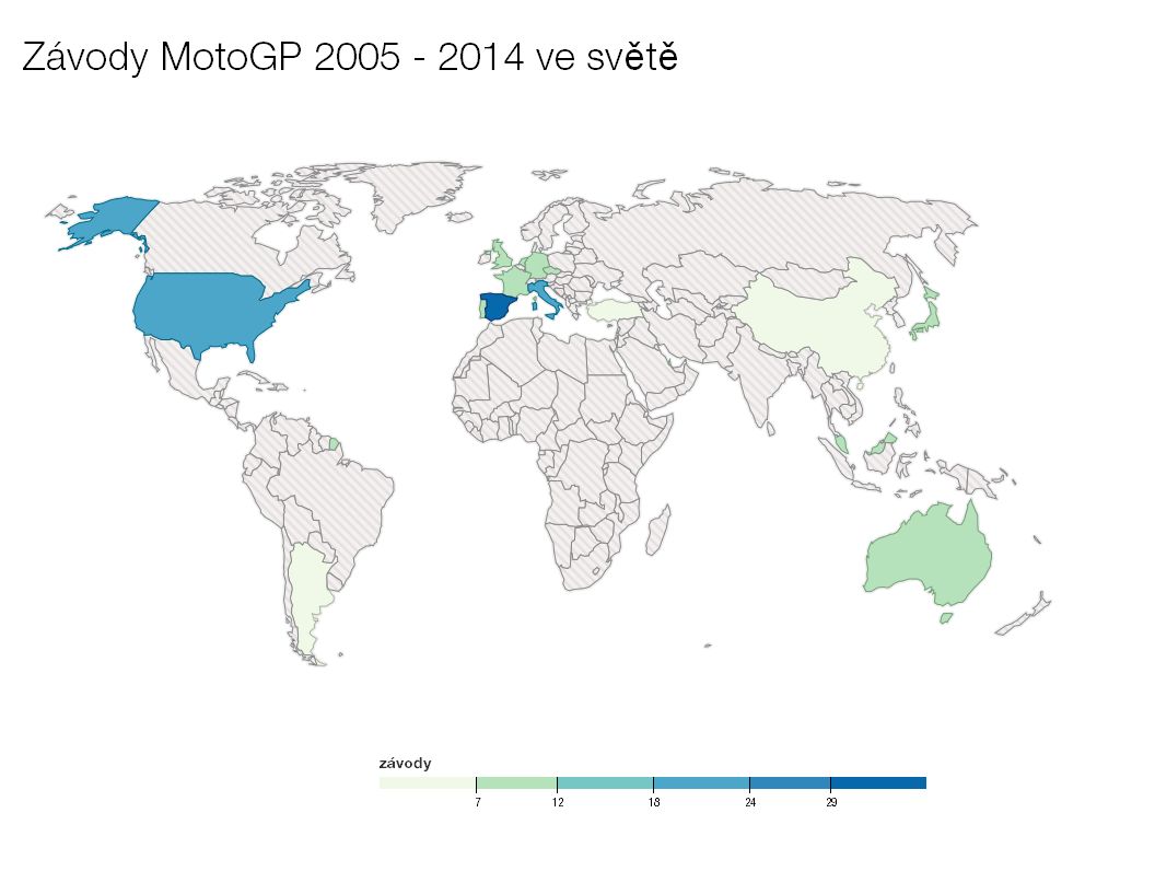 mapa MotoGP (správná): závody MotoGP 2005 - 2014 ve světě