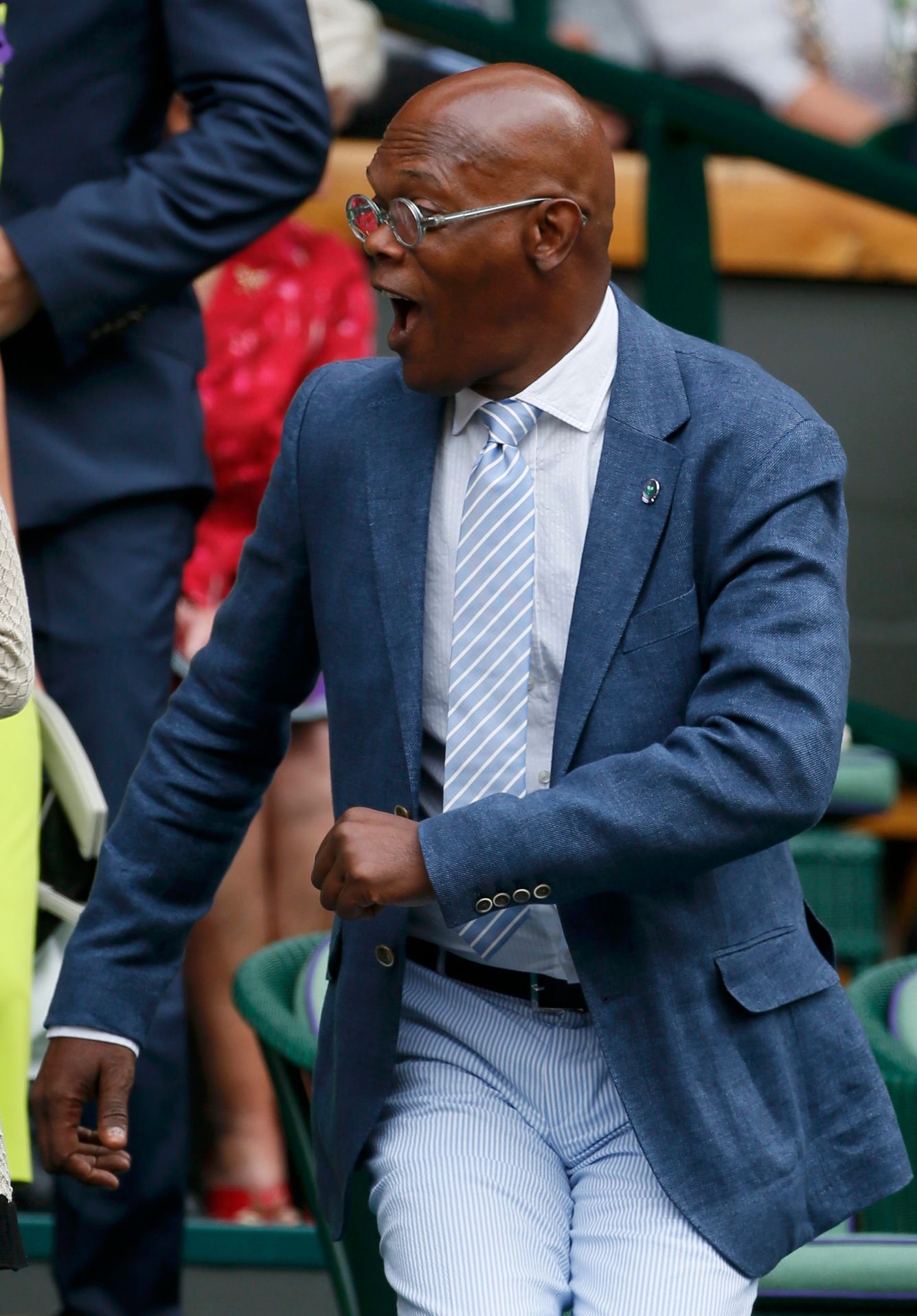 Actor Samuel L Jackson arrives on Centre Court at the Wimbledon Tennis Championships, in London