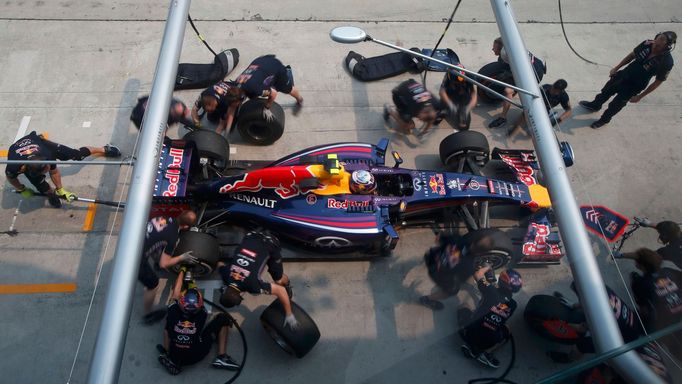 Red Bull Formula One driver Daniel Ricciardo of Australia pits during the second practice session of the Malaysian F1 Grand Prix at Sepang International Circuit outside K