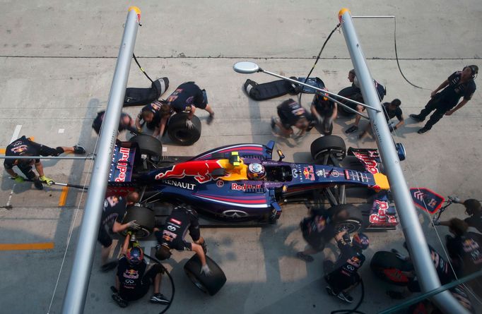 Red Bull Formula One driver Daniel Ricciardo of Australia pits during the second practice session of the Malaysian F1 Grand Prix at Sepang International Circuit outside K