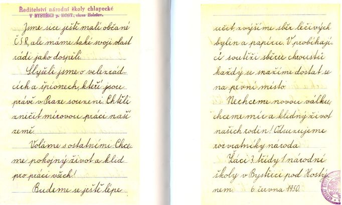 Dopis žáků 3. třídy národní školy v Bystřici pod Hostýnem, 6. června 1950. Děti odsuzují „velezrádce a špiony“ a vyjadřují touhu po míru.