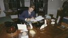 Former U.S. President John F. Kennedy signs a proclamation for the interdiction of the delivery of offensive weapons to Cuba during the Cuban missile crisis, at the White House in Washington in this handout photograph taken on October 23, 1962.