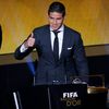 Real Madrid's Rodriguez of Colombia gives a thumbs-up after receiving FIFA Puskas Award as former French player Karembeu looks on during the FIFA Ballon d'Or 2014 soccer awards ceremony in Zurich
