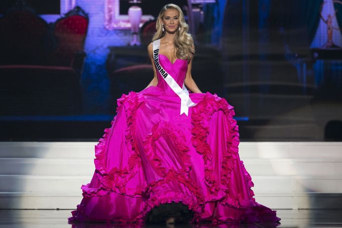 Newly crowned Miss USA Olivia Jordan walks in her evening gown on stage during the 2015 Miss USA beauty pageant in Baton Rouge, Louisiana