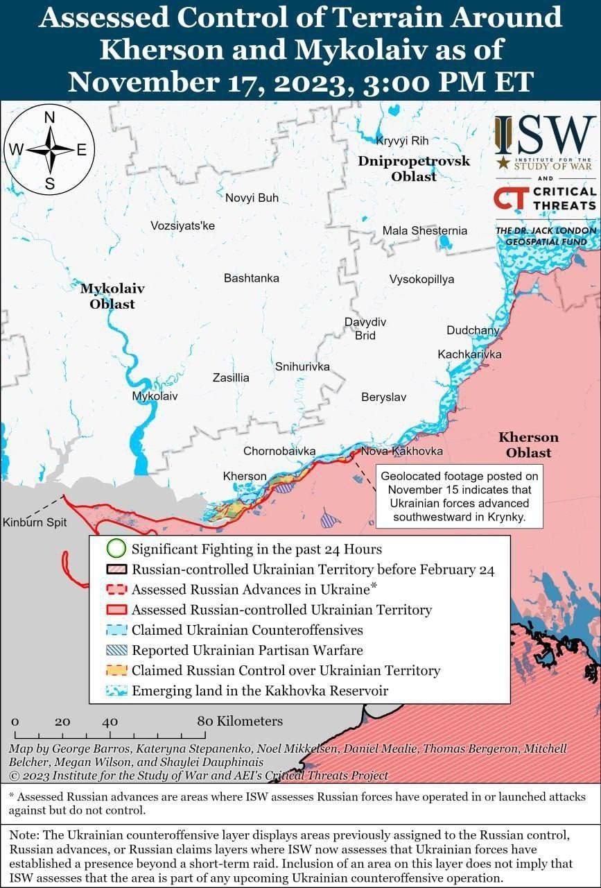 Mapka ISW ukazuje místa, kde se snaží zachytit ukrajinská armáda na východním, okupovaném břehu Dněpru.