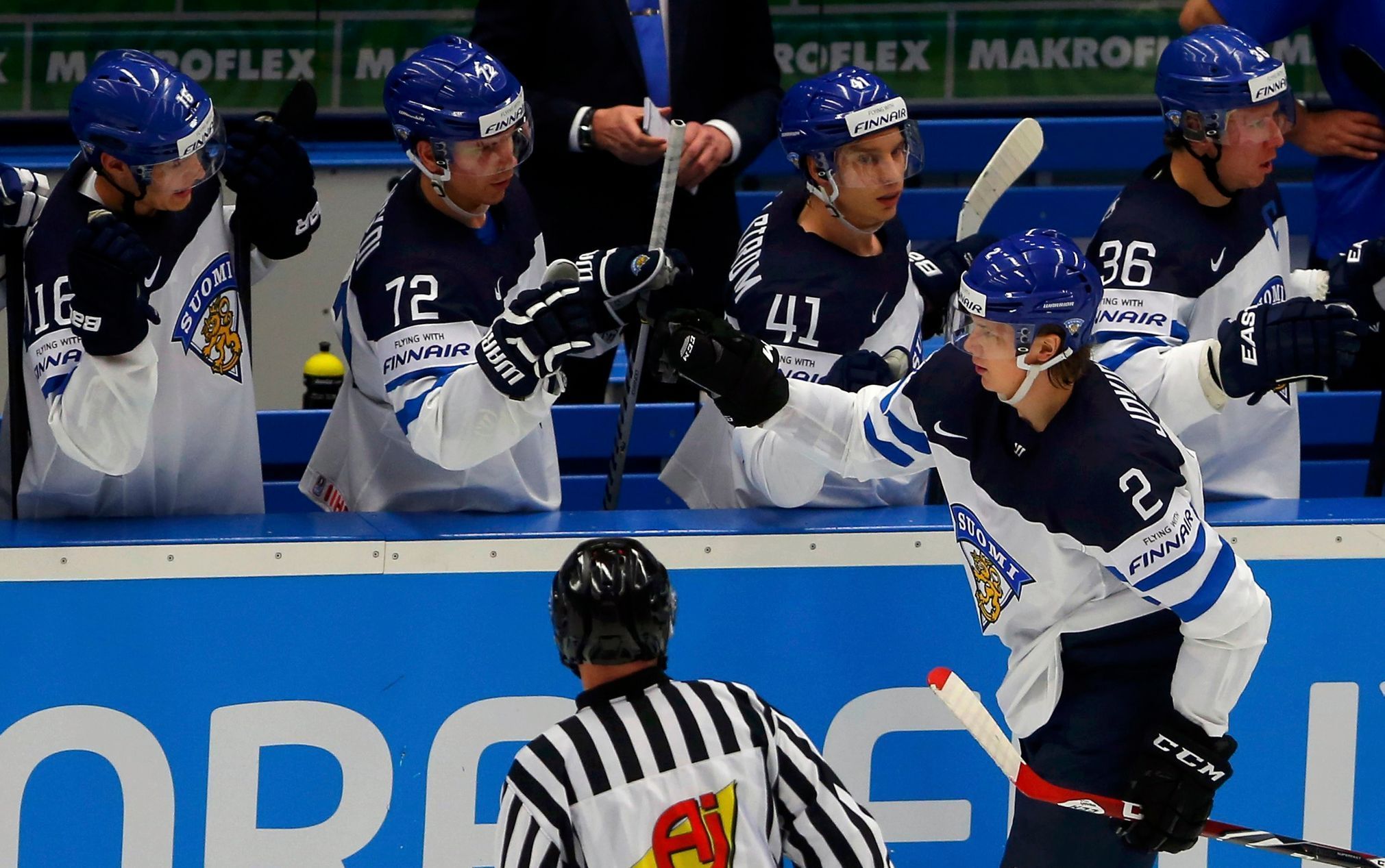 Finland's Jokipakka celebrates his goal during their men's ice hockey World Championship game against the US in Ostrava