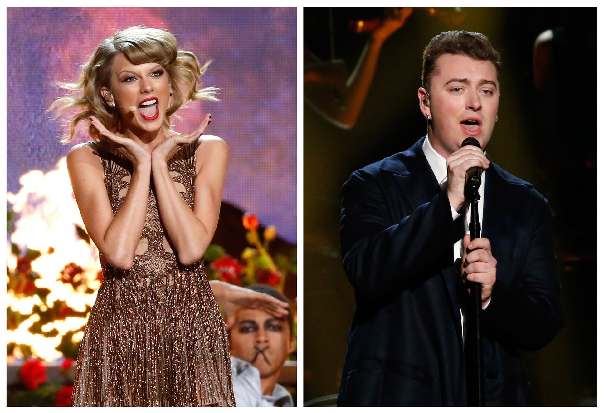 Combination photo shows Grammy nominees Taylor Swift and Sam Smith performing at the 42nd American Music Awards