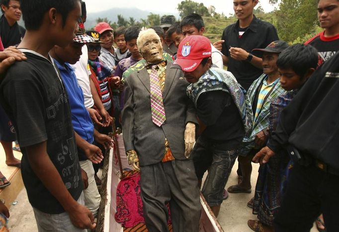 A man holds up a mummy before relatives give it new clothes in a ritual in the Toraja district of Indonesia's South Sulawesi Province, August 23, 2012. The ritual, called Ma'nene, involves changing the clothes of mummified ancestors every three years to honor love for the deceased. Locals believe dead family members are still with them, even if they died hundreds of years ago, a family spokesman said. Picture taken August 23, 2012. REUTERS/Yusuf Ahmad (INDONESIA - Tags: SOCIETY RELIGION) Published: Srp. 24, 2012, 12:52 odp.