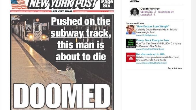 Titulní strana deníku The New York Post, který zveřejnil fotografii z incidentu na začátku prosince.