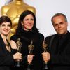Winners of Best Documentary Feature Wilutsky, Poitras, and Bonnefoy stand with their awards for &quot;Citizenfour&quot; during the 87th Academy Awards in Hollywood, California